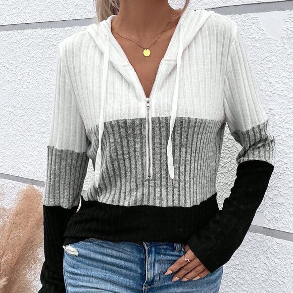 Multicolor Casual Women's Color Block Half Zip Drawstring Hooded Tee - Picture 4 of 6